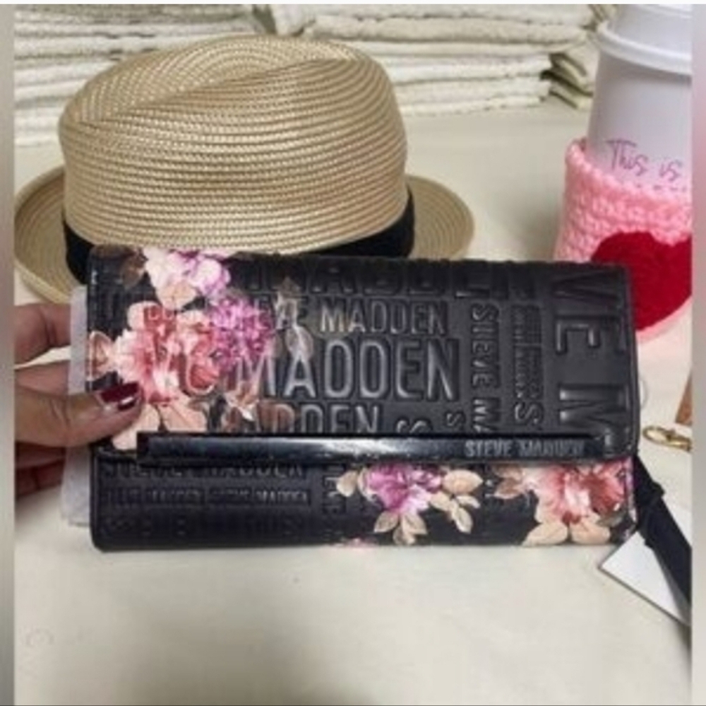 Steve Madden Black and Pink Floral Long Clutch/ Wallet With Black Hardware